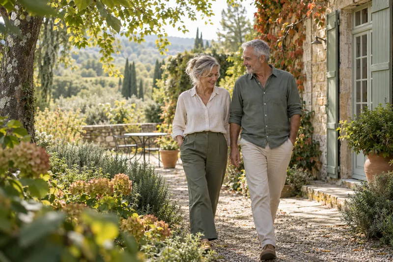 Couple d’une soixantaine d’années marchant dans le jardin d’une maison en pierre, un matin d’automne.