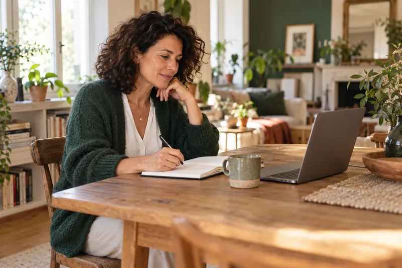 Femme préparant ses projets à une table en chêne, carnet et ordinateur portable, dans un appartement lumineux.